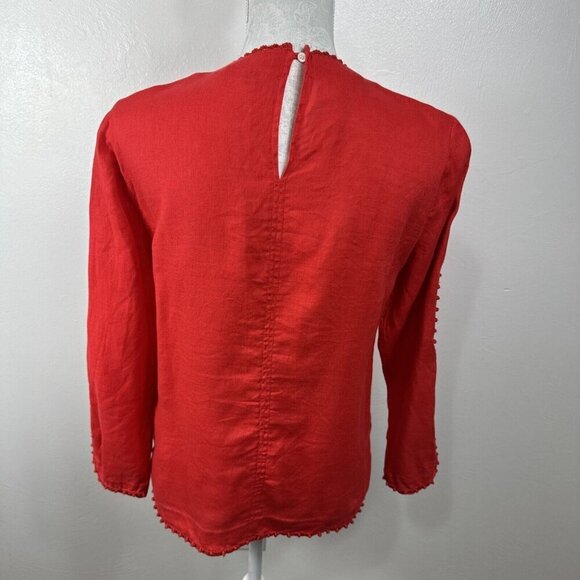 J.Crew Women's 6 Popover Blouse Orange Red 100% Linen Crochet & Fringe Detail - Picture 9 of 14
